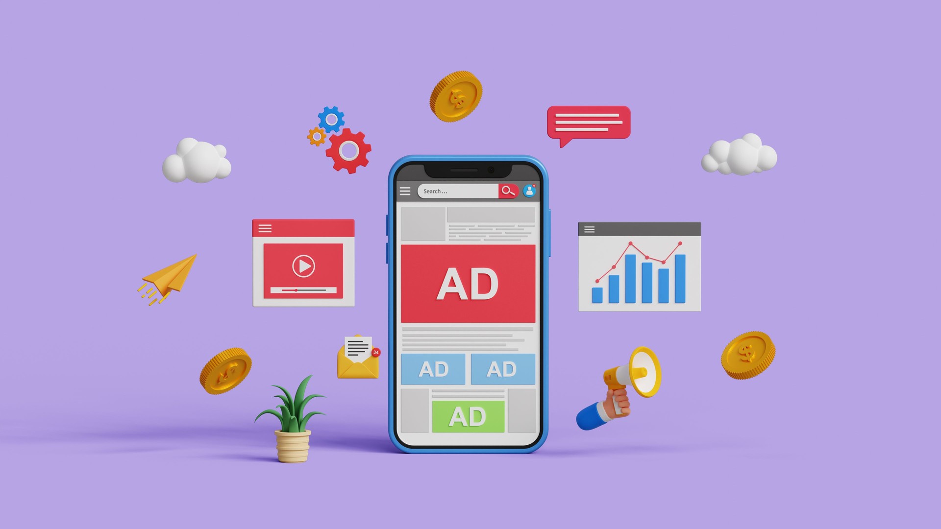 Website ads, digital marketing concept. Advertising on social media. PPC ad campaign and performance metrics. Targeted inbound ads. 3D digital marketing with programmatic social network advertising