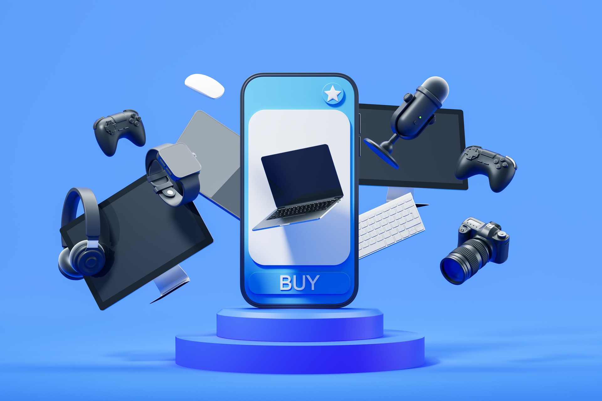 Smartphone on podium with laptop on screen, digital devices online shopping